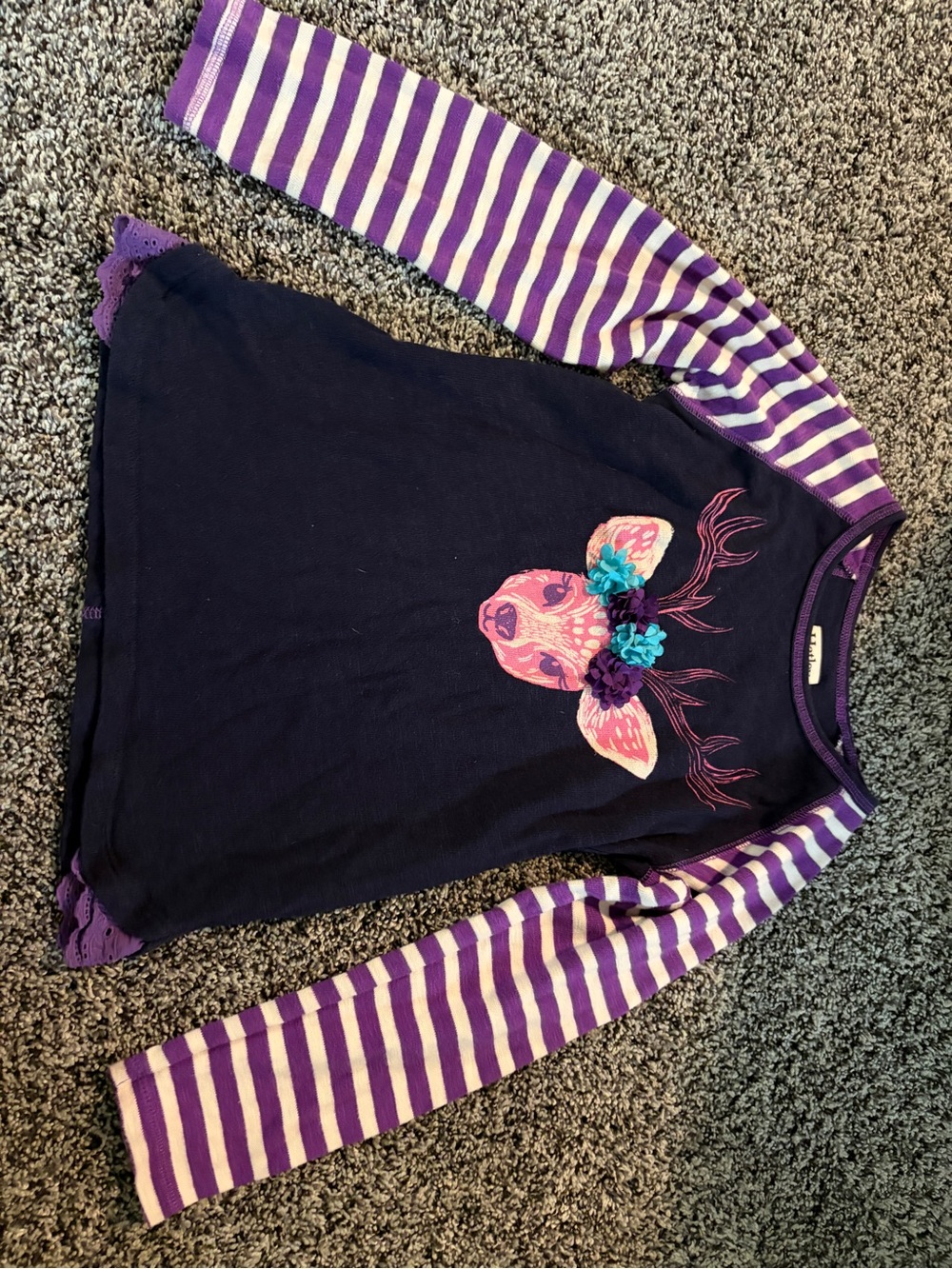 Hatley Purple & White Striped Long-Sleeve Tee with Floral Deer